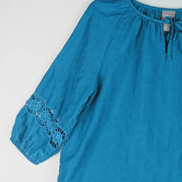 Chicos Top Womens Size (2) US L / 12 Teal Ballon Sleeve Rayon/Cotton - Picture 3 of 13